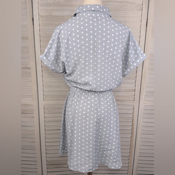 Polka Dot Shirt Dress with Front Tie Gray/White Dots-Medium - Picture 3 of 3